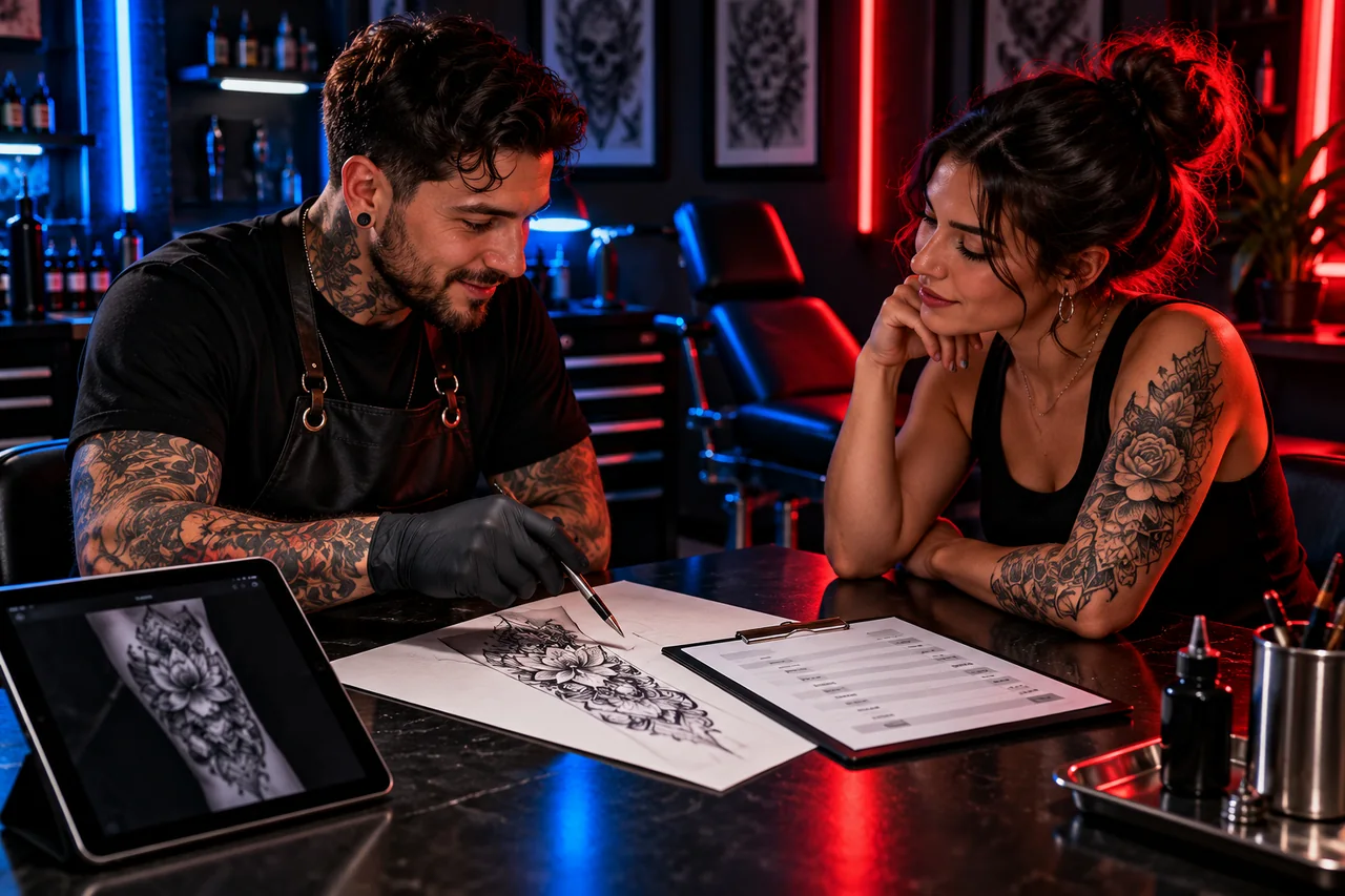 Tattoo artist and client reviewing a design and estimate