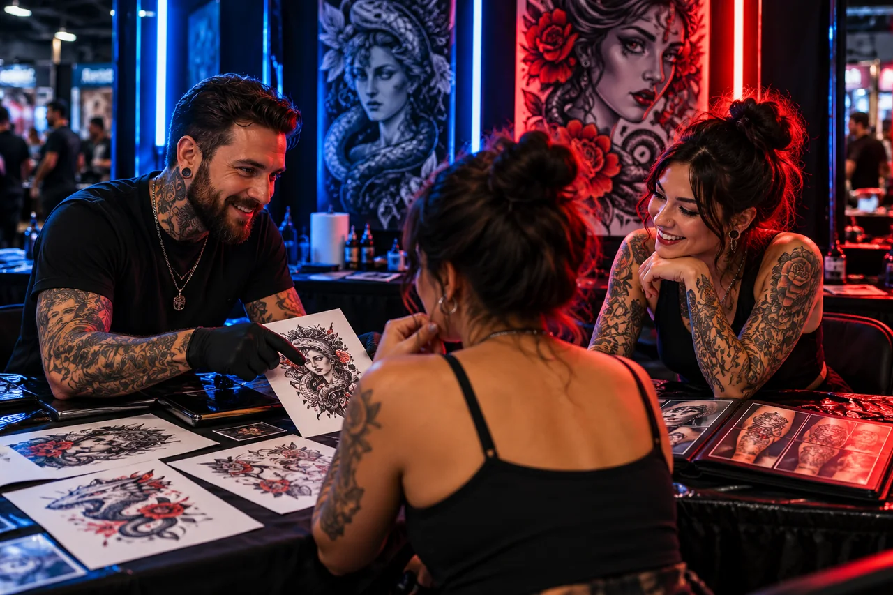 Tattoo artists meeting a client at a convention booth