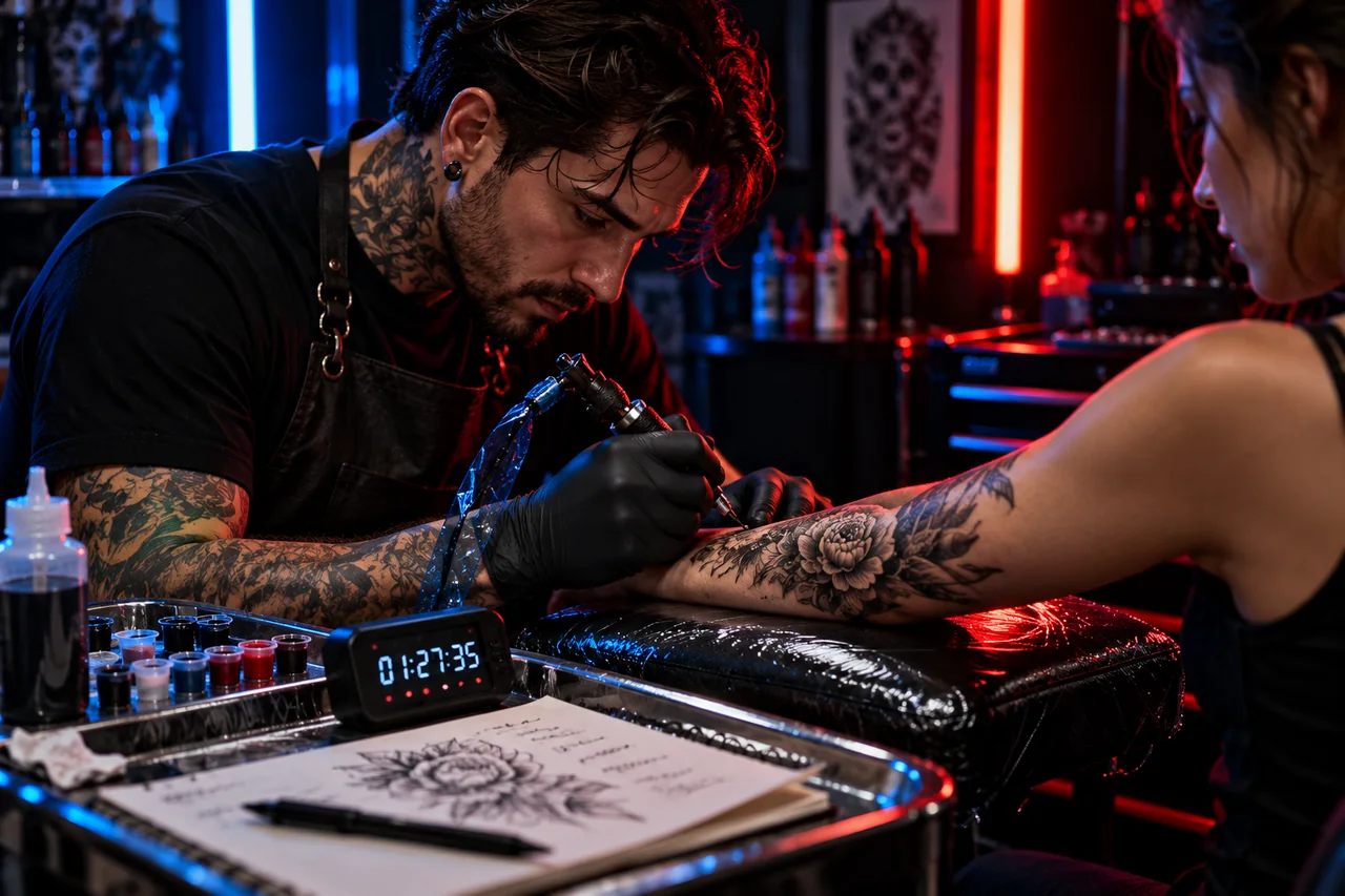 Tattoo artist working with a session timer and notes nearby
