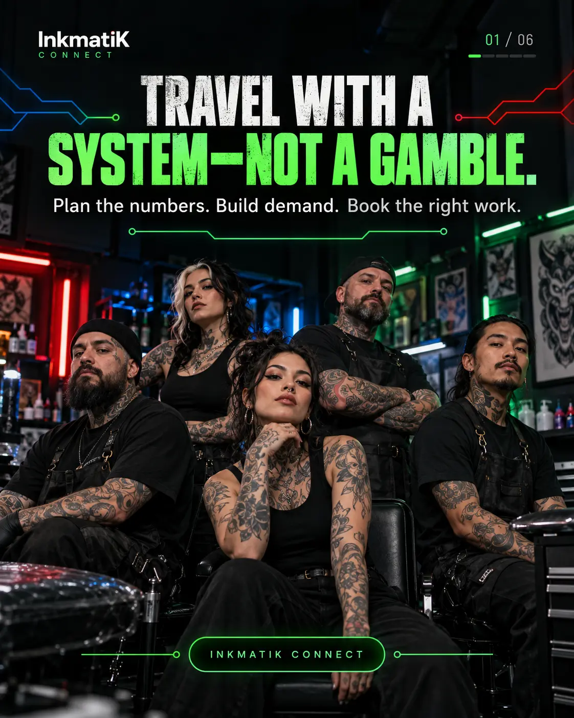 A connected tattoo community represented as a glowing circuit system.